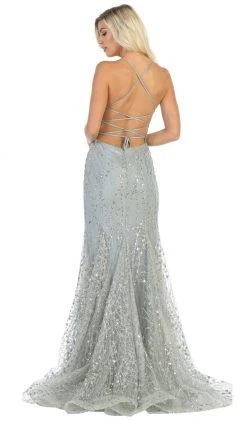 May Queen - RQ7763 Embellished Plunging V-neck Trumpet Dress Formal Gowns