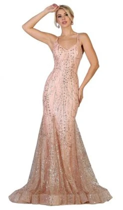 May Queen - RQ7763 Embellished Plunging V-neck Trumpet Dress Formal Gowns