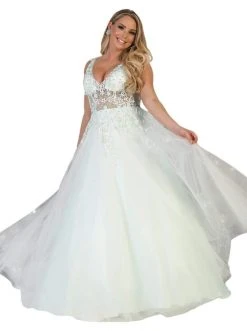 May Queen - RQ7765 Bead Embellished Illusion A-Line Gown Plus Size Dresses