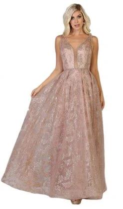 May Queen - RQ7769 Embellished Deep V-neck Pleated Ballgown