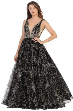 May Queen - RQ7780 Bedazzled Deep V-neck Ballgown Formal Gowns