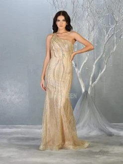 May Queen - RQ7813 Glitter One Shoulder Strap Sheath Dress Formal Gowns