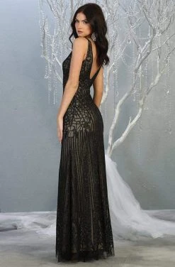 May Queen - RQ7858 Plunging V-Neck Sheath Evening Dress