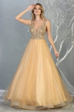 May Queen - RQ7860 Embellished Plunging V-neck A-line Gown