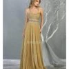 May Queen - RQ7869 Sleeveless Pleated Long Dress - 1 Pc Gold In Size 6 Available