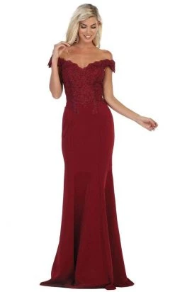 Formal Gowns May Queen - Scalloped Off-Shoulder Trumpet Dress MQ1675 - 1 Pc Burgundy In Sizes 6 Available