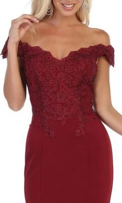 Formal Gowns May Queen - Scalloped Off-Shoulder Trumpet Dress MQ1675 - 1 Pc Burgundy In Sizes 6 Available 8 Formal Gowns May Queen - Scalloped Off-Shoulder Trumpet Dress MQ1675 - 1 Pc Burgundy In Sizes 6 Available