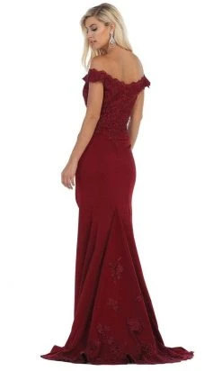 Formal Gowns May Queen - Scalloped Off-Shoulder Trumpet Dress MQ1675 - 1 Pc Burgundy In Sizes 6 Available
