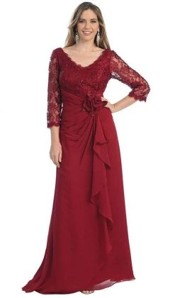 Formal Gowns May Queen - Sheer Long Sleeve Floral Accented A-Line Evening Dress