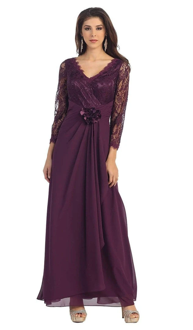 Formal Gowns May Queen - Sheer Long Sleeve Floral Accented A-Line Evening Dress 8 Formal Gowns May Queen - Sheer Long Sleeve Floral Accented A-Line Evening Dress
