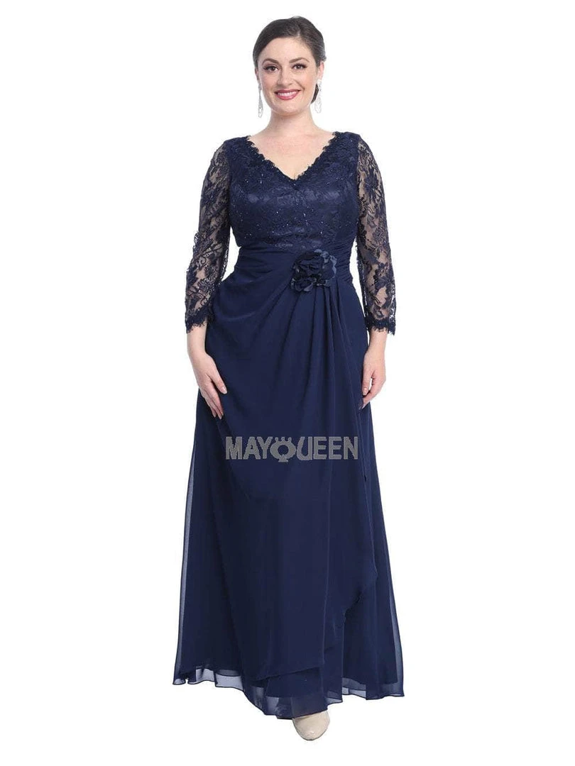 Formal Gowns May Queen - Sheer Long Sleeve Floral Accented A-Line Evening Dress 12 Formal Gowns May Queen - Sheer Long Sleeve Floral Accented A-Line Evening Dress