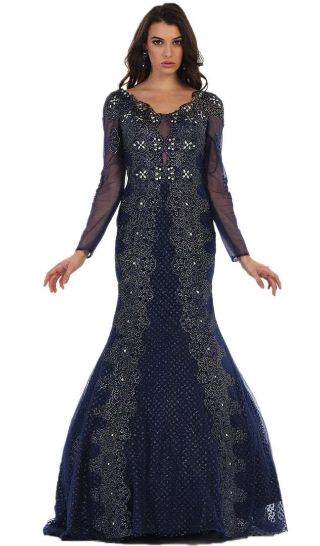May Queen - Sheer Long Sleeve Rhinestone Embellished Evening Dress Formal Gowns 3 May Queen - Sheer Long Sleeve Rhinestone Embellished Evening Dress Formal Gowns