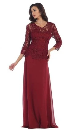 May Queen - Sheer Quarter Sleeve Long Lace Evening Gown