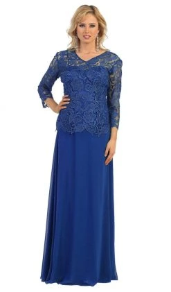 May Queen - Sheer Quarter Sleeve Long Lace Evening Gown