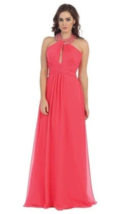 May Queen - Shirred Cutout Halter A-Line Long Evening Dress Formal Gowns