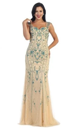 Formal Gowns May Queen - Sleeveless Beaded Lace Sheath Evening Gown