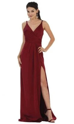 May Queen - Sleeveless Pleated High Front Slit A-Line Dress MQ1469 Formal Gowns