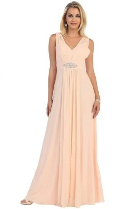 Formal Gowns May Queen - Sleeveless Ruched Panel A-Line Long Bridesmaid Dress