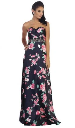 May Queen - Strapless Floral Print Evening Gown MQ1403 - 1 Pc Navy/Pink In Size 6 Available