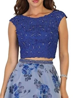 Formal Gowns May Queen - Two Piece Beaded Lace Floral Print Evening Gown