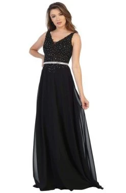 Formal Gowns May Queen - V-Neck Embellished Formal Dress MQ1701 - 1 Pc Black In Size 10 Available