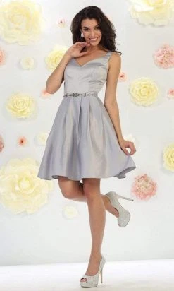 Cocktail Dresses May Queen - V-Neck Embellished Short Dress MQ1477 - 1 Pc Silver In Size 18 Available