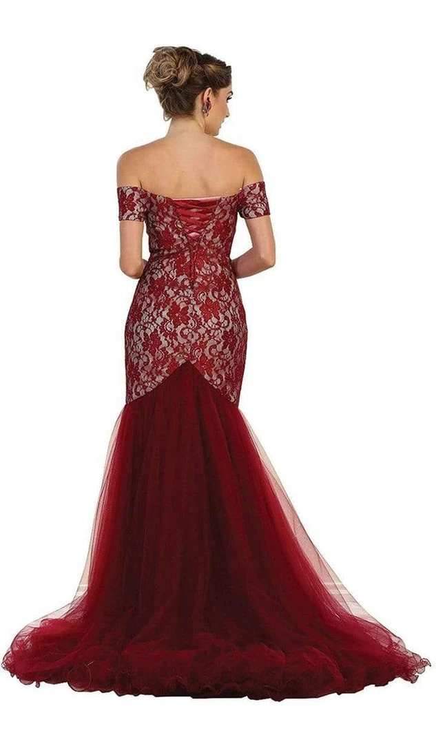 May Queen - V-neck/Off-Shoulder Mermaid Evening Dress MQ1495 - 1 Pc Burgundy In Size 6 Available 5 May Queen - V-neck/Off-Shoulder Mermaid Evening Dress MQ1495 - 1 Pc Burgundy In Size 6 Available