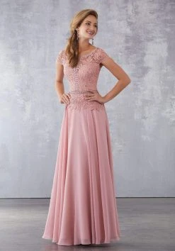 MGNY By Mori Lee - 71702 Beaded Lace Bateau Chiffon A-line Gown Formal Gowns