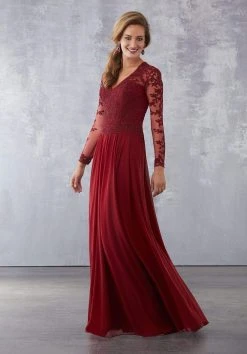 MGNY By Mori Lee - 71727 Lace Appliqued V-Neck A-Line Dress Formal Gowns