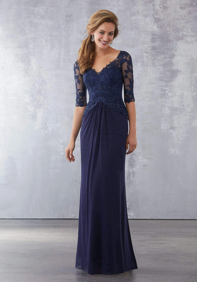 MGNY By Mori Lee - 71729 Embroidered Wide V-neck Sheath Dress Formal Gowns 9 MGNY By Mori Lee - 71729 Embroidered Wide V-neck Sheath Dress Formal Gowns