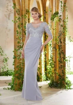 MGNY By Mori Lee - 71914 Embroidered Bateau Draped Sheath Dress Formal Gowns