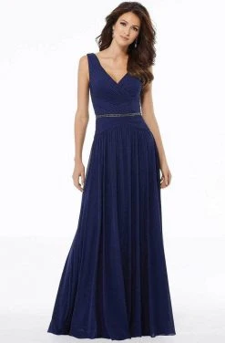 Formal Gowns MGNY By Mori Lee - 72131SC Pleated Sleeveless V-neck Long Dress - 1 Pc Navy In Size 8 Available