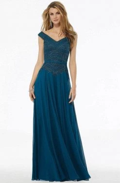MGNY By Mori Lee - 72134SC Embellished V-neck Evening Gown - 1 Pc Silver In Size 6 Available Formal Gowns