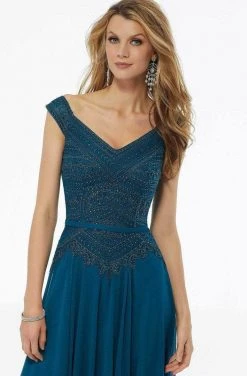 MGNY By Mori Lee - 72134SC Embellished V-neck Evening Gown - 1 Pc Silver In Size 6 Available Formal Gowns