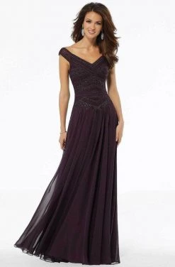 MGNY By Mori Lee - 72134SC Embellished V-neck Evening Gown - 1 Pc Silver In Size 6 Available Formal Gowns