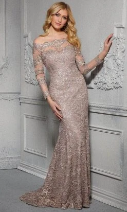 MGNY By Mori Lee - 72415SC Embellished Off-shoulder Sheer Lace Dress - 1 Pc Taupe/Mauve In Size 8 Available