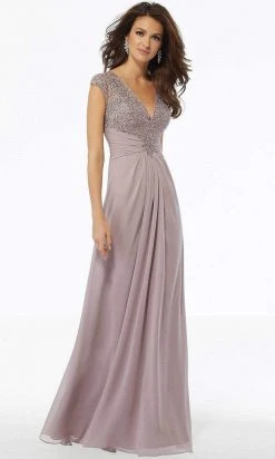 MGNY By Mori Lee - Beaded Lace Gathered Waist Chiffon Dress 72129SC - 1 Pc Dusty Lilac In Size 18 Available