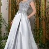 Formal Gowns MGNY By Mori Lee - Beaded Lace V-Neck Satin Dress 71904SC - 1 Pc Silver In Size 4 Available 2 Formal Gowns MGNY By Mori Lee - Beaded Lace V-Neck Satin Dress 71904SC - 1 Pc Silver In Size 4 Available