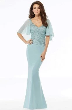 Formal Gowns MGNY By Mori Lee - Flutter Sleeve Beaded Lace Dress 72124 - 1 Pc Deep Aqua In Size 6 Available