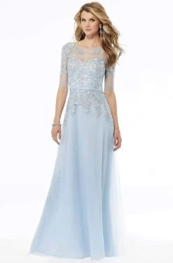 MGNY By Mori Lee - Illusion Beaded Lace A-Line Dress 72128SC - 1 Pc Light Blue In Size 18 Available Formal Gowns