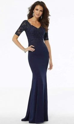MGNY By Mori Lee - Illusion V-Neck Embroidered Gown 72108SC - 1 Pc Navy In Size 8 Available