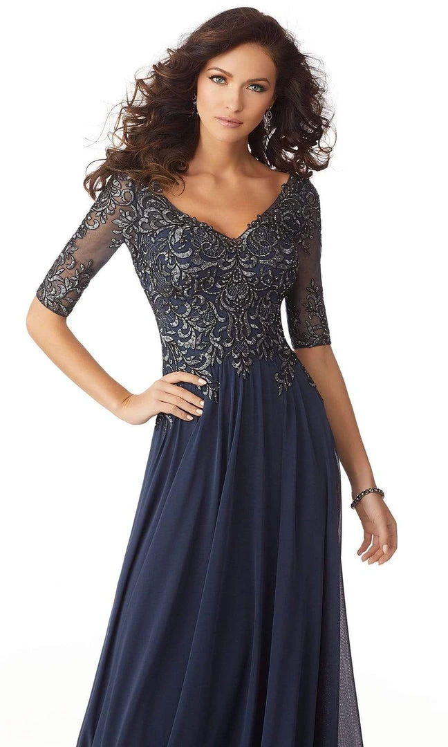 MGNY By Mori Lee - Metallic Embroidered A-Line Gown 71805SC - 1 Pc Indigo In Size 18 Available Formal Gowns 5 MGNY By Mori Lee - Metallic Embroidered A-Line Gown 71805SC - 1 Pc Indigo In Size 18 Available Formal Gowns