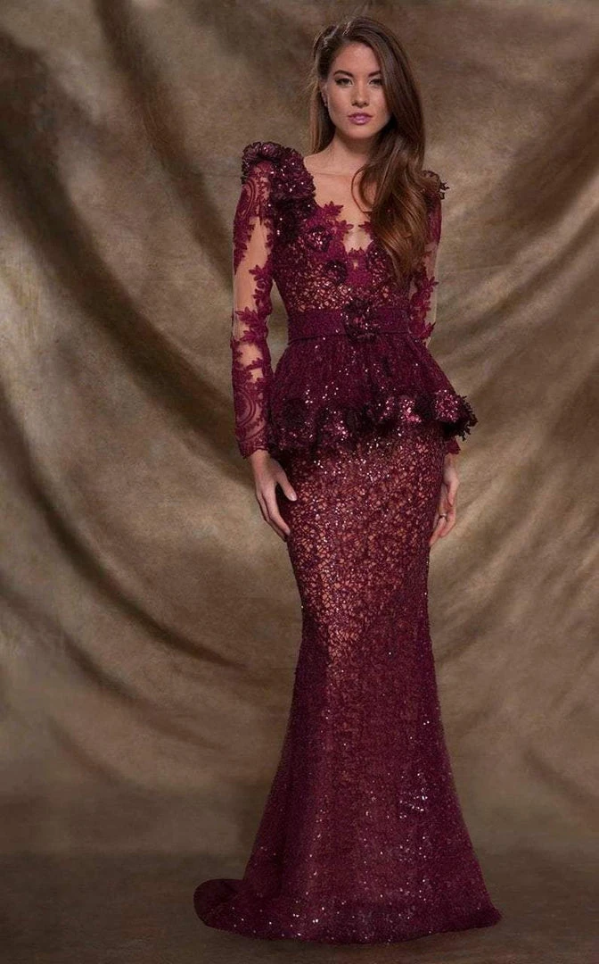 Formal Gowns MNM Couture - 2138 Vine Appliqued Peplum Gown 3 Formal Gowns MNM Couture - 2138 Vine Appliqued Peplum Gown