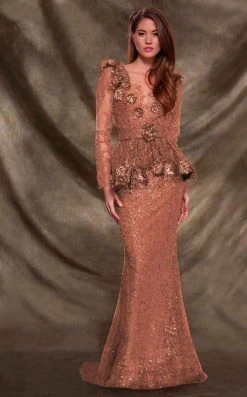 Formal Gowns MNM Couture - 2138 Vine Appliqued Peplum Gown