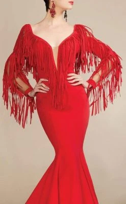 Formal Gowns MNM Couture - 2340 Fringe Deep V-neck Mermaid Dress