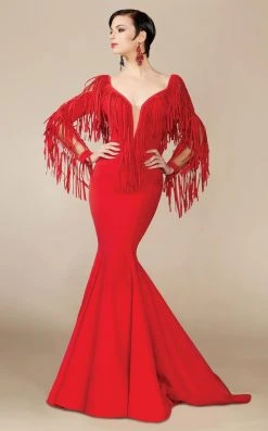 Formal Gowns MNM Couture - 2340 Fringe Deep V-neck Mermaid Dress