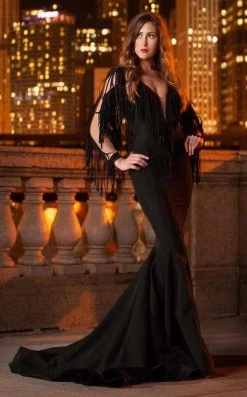 Formal Gowns MNM Couture - 2340 Fringe Deep V-neck Mermaid Dress