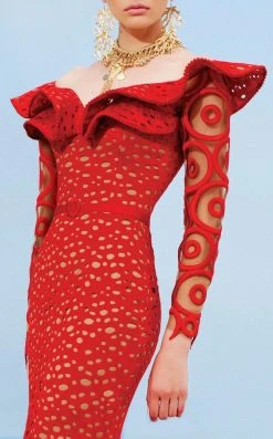 MNM Couture - 2345 Ruffle Off-Shoulder Laser Cut Mermaid Gown Formal Gowns