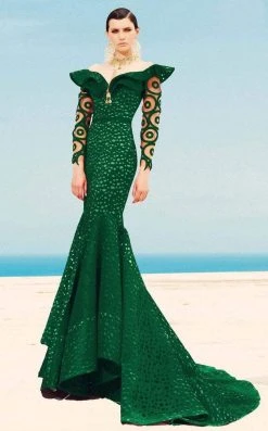 MNM Couture - 2345 Ruffle Off-Shoulder Laser Cut Mermaid Gown Formal Gowns