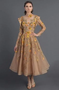 MNM Couture - 2401A Floral Embroidered Long Sleeve Tea Length Dress